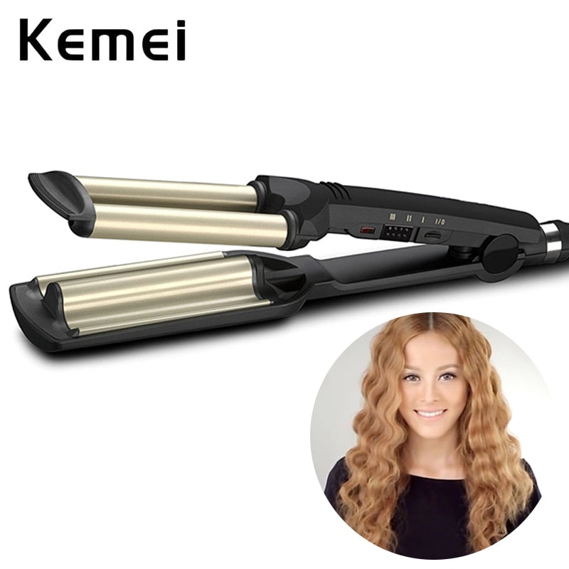 KEMEI Professional 3-Barrel Big Wave Hair Curler – Ceramic Tourmaline Curling Iron