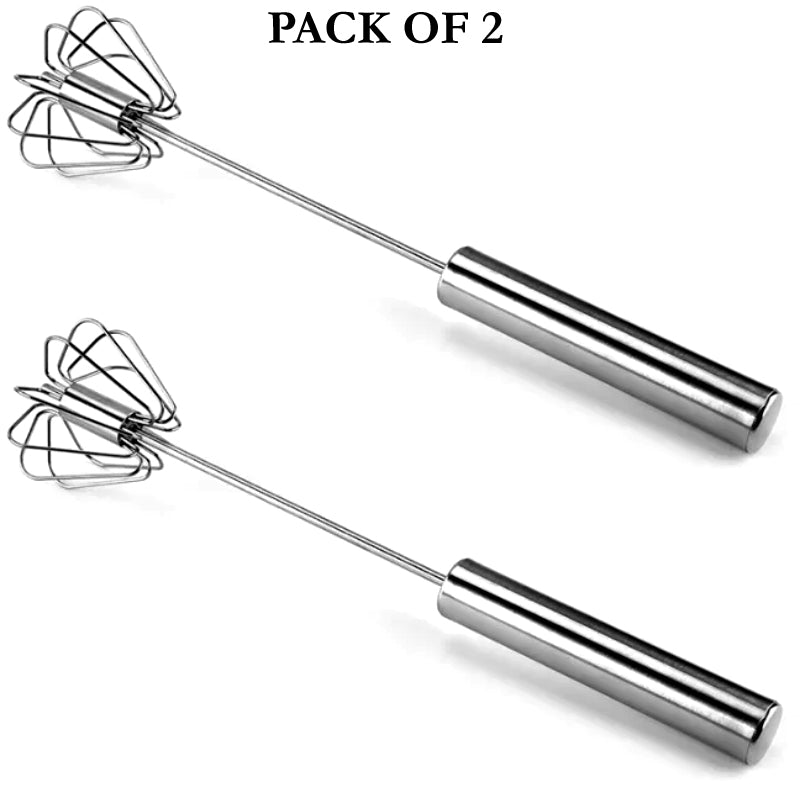 Pack of 2 Stainless Steel Hand Pressure Rotating Mixers – Mini Beaters for Coffee, Milk & Egg Mixing