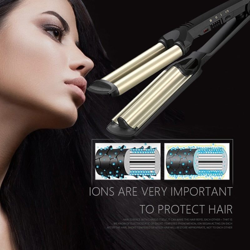 KEMEI Professional 3-Barrel Big Wave Hair Curler – Ceramic Tourmaline Curling Iron