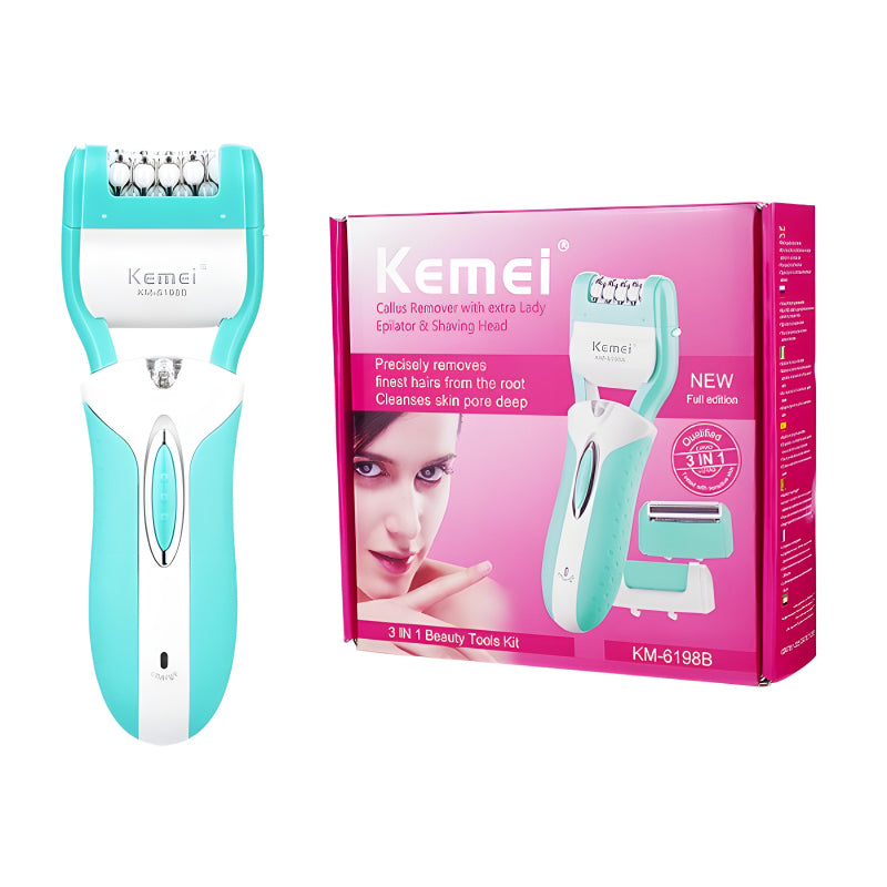 Kemei KM-6198B 3-in-1 Multifunction Electric Shaver, Callus Remover & Epilator – Professional Beauty Tool Kit for Women