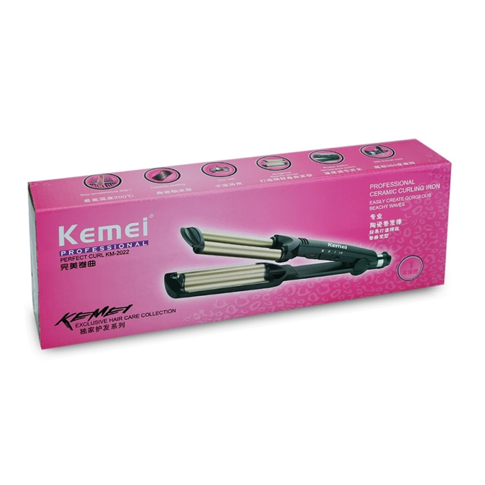 KEMEI Professional 3-Barrel Big Wave Hair Curler – Ceramic Tourmaline Curling Iron