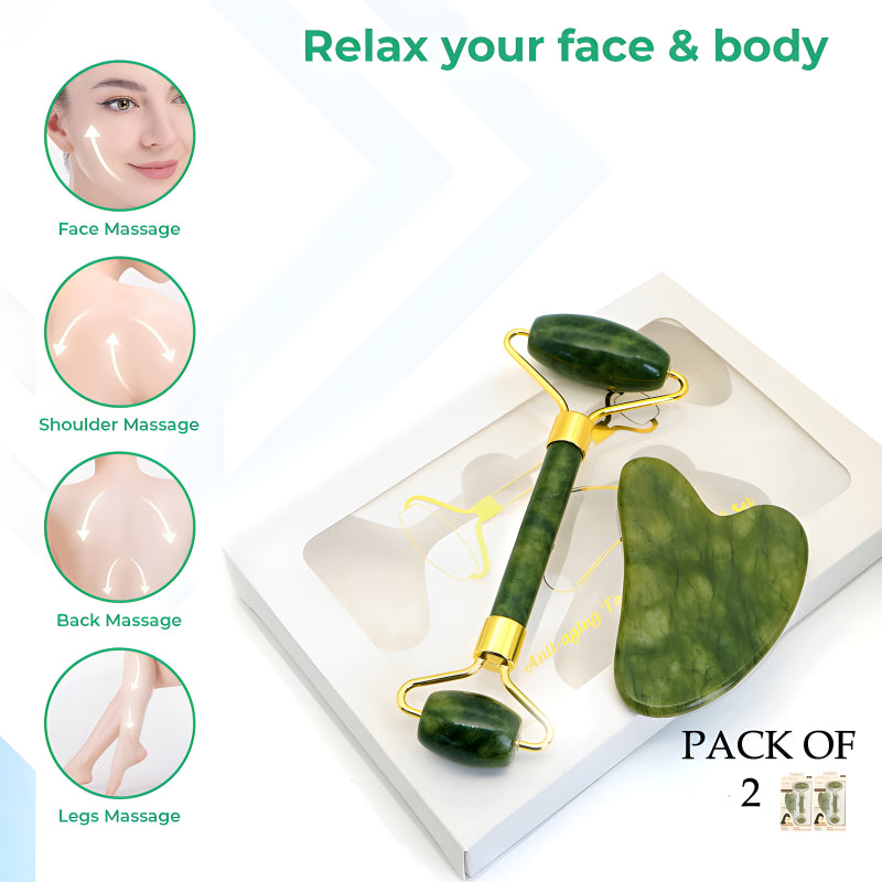 Dual-Pack Premium Natural Jade Facial Roller & Massager – Anti-Wrinkle, Puffy Eyes & Dark Circles