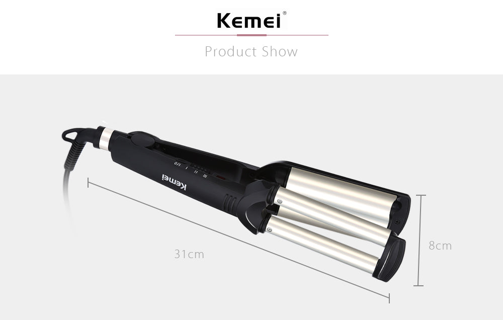 KEMEI Professional 3-Barrel Big Wave Hair Curler – Ceramic Tourmaline Curling Iron