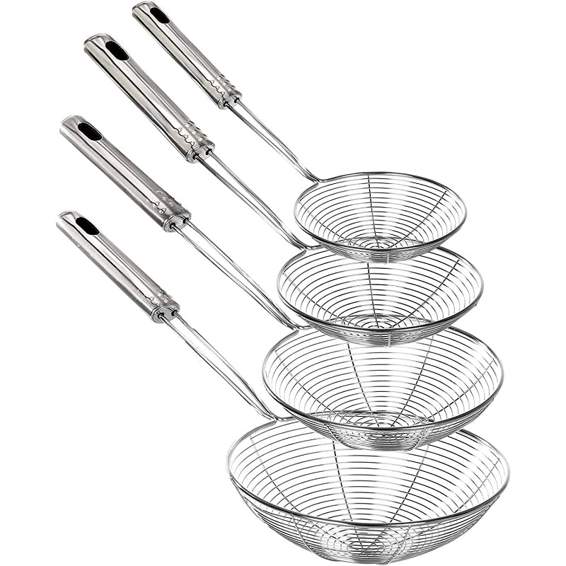 Solid 4-Piece Stainless Steel Fry Oil Strainer Set – Durable Spider Design, Dishwasher Safe