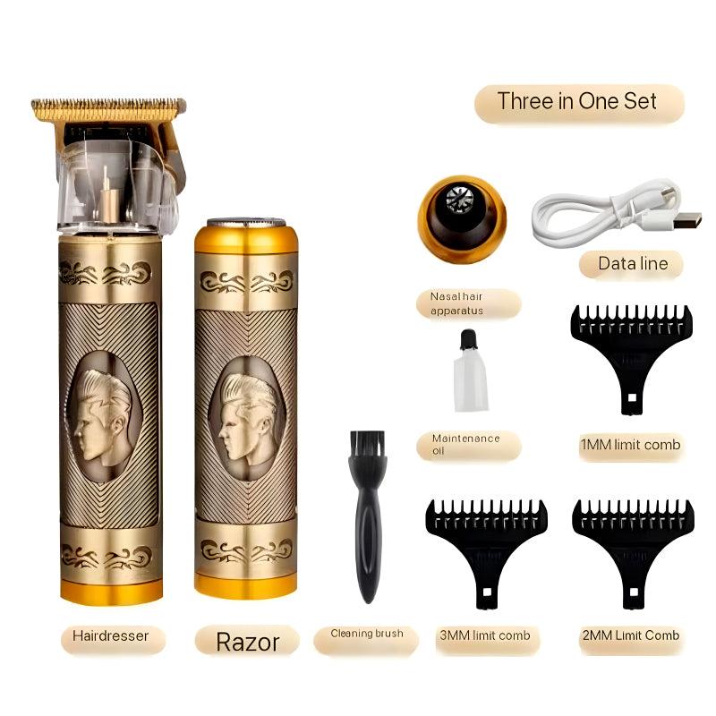 KEMEI 3-in-1 Vintage Grooming Set – USB Rechargeable Hair Clipper, Shaver & Nose Trimmer for Men