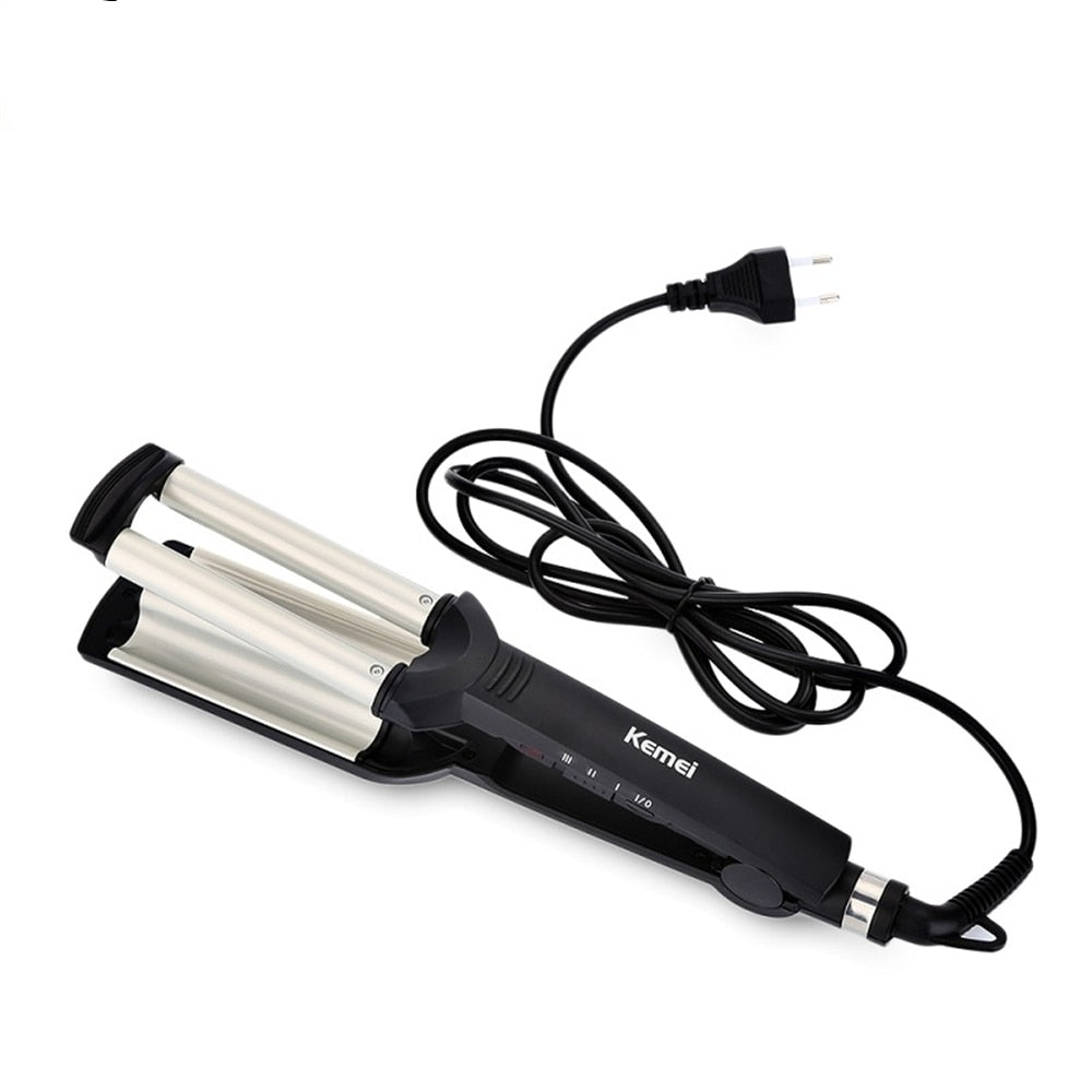 KEMEI Professional 3-Barrel Big Wave Hair Curler – Ceramic Tourmaline Curling Iron