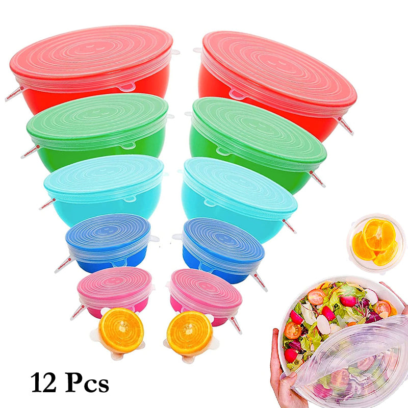 2-Packs of 6 Pcs Silicone Food Wrap Caps – Eco-Friendly, Stretchable, Leak-Proof Kitchen Lids