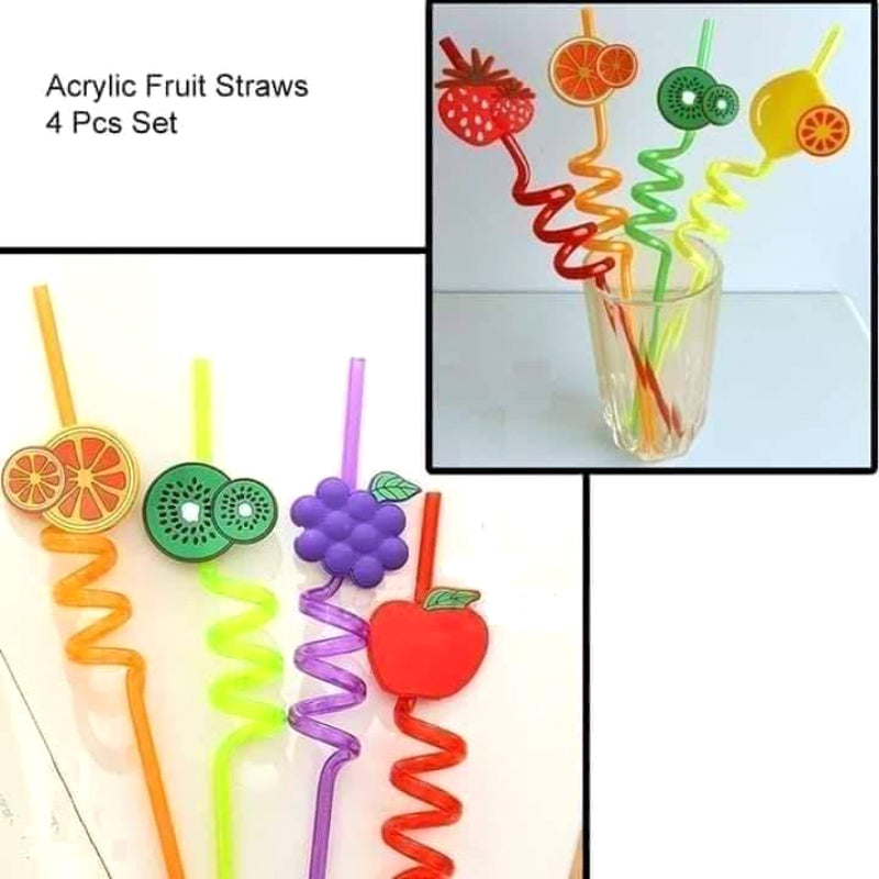 Pack of 4 Reusable Plastic Fruit Drinking Straws – Colorful & Fun Beverage Accessories