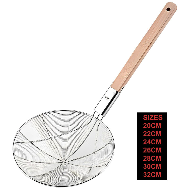 Eco-Friendly Wooden Handle Stainless Steel Frying Oil Strainer – Durable & Sustainable (Available in Multiple Sizes)