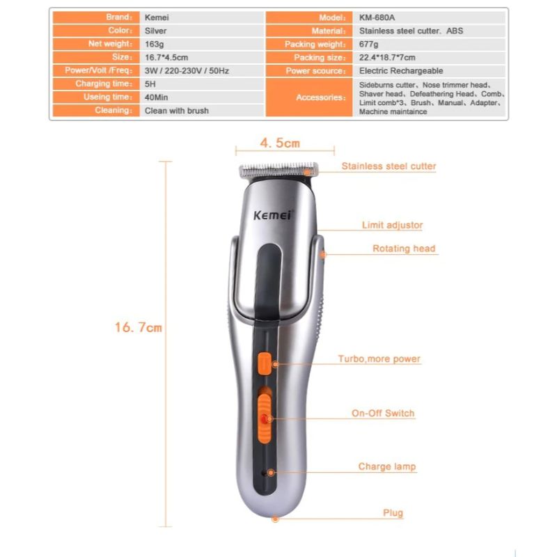 Kemei 680A 7-in-1 Multifunction Hair Clipper Kit – Electric Rechargeable Cordless Trimmer & Shaver