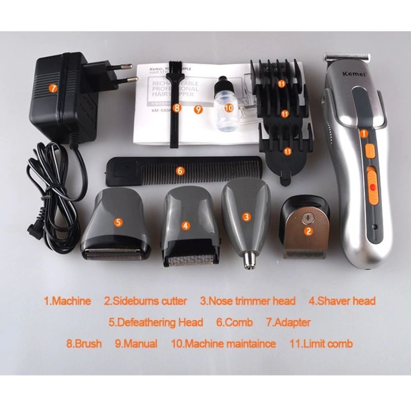 Kemei 680A 7-in-1 Multifunction Hair Clipper Kit – Electric Rechargeable Cordless Trimmer & Shaver