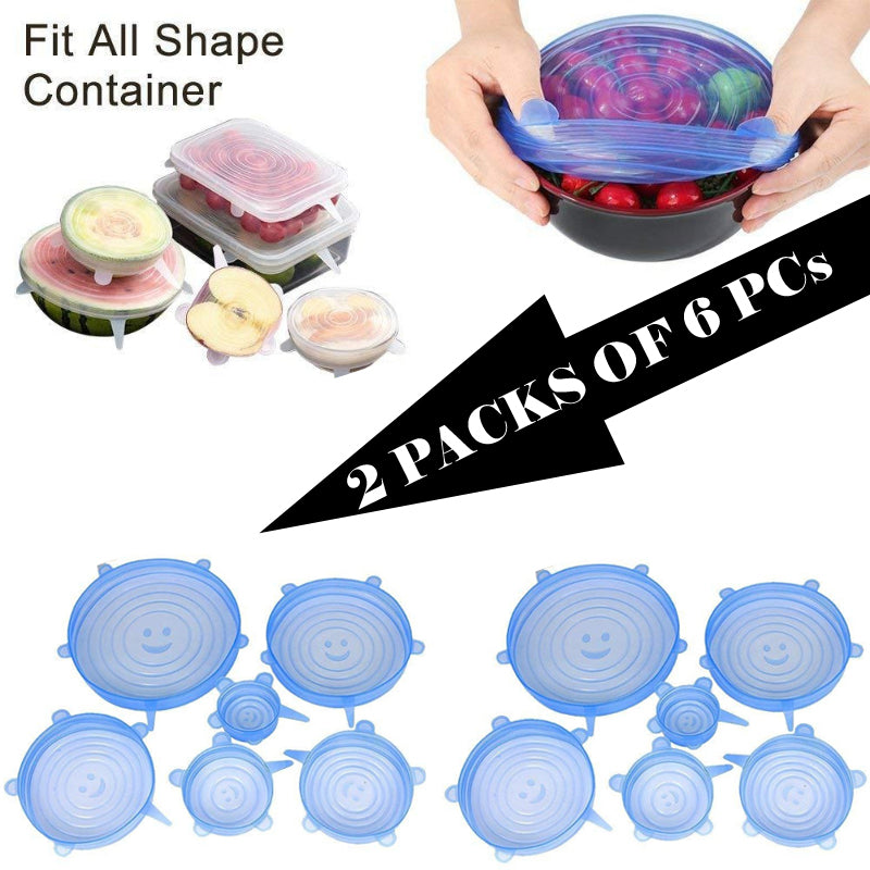 2-Packs of 6 Pcs Silicone Food Wrap Caps – Eco-Friendly, Stretchable, Leak-Proof Kitchen Lids