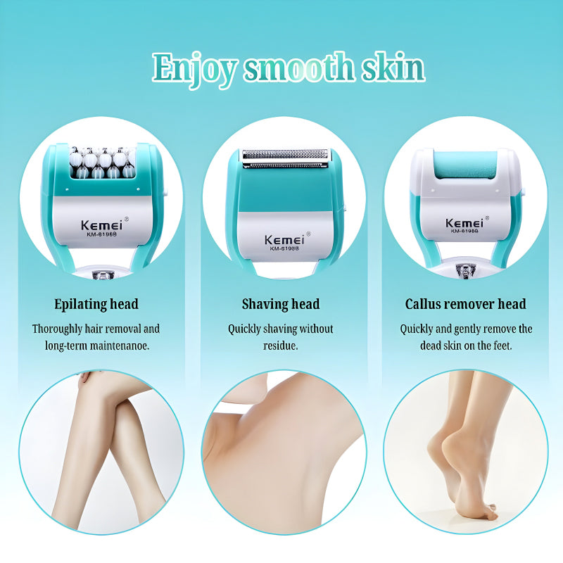 Kemei KM-6198B 3-in-1 Multifunction Electric Shaver, Callus Remover & Epilator – Professional Beauty Tool Kit for Women