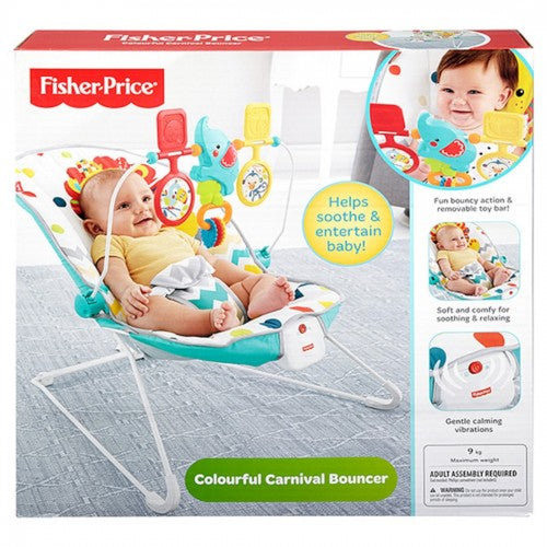 Fisher-Price® Colourful Carnival Bouncer – Calming & Entertaining Infant Bouncer with Removable Toy Bar