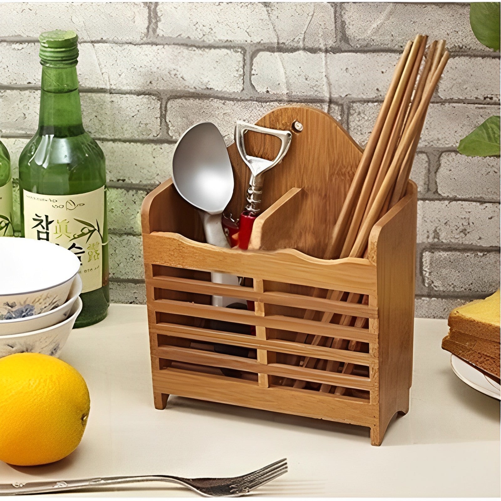 Kitchen Wooden Mini Spoon Holder & Bamboo Chopstick Basket – Stylish Wall-Mounted Organizer