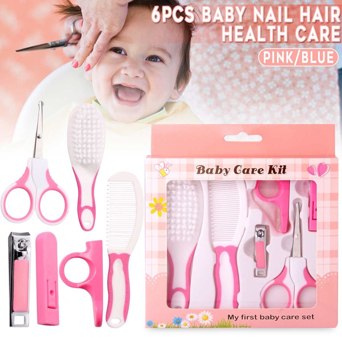 6-in-1 Baby Grooming Kit – Practical Clipper, Hair Brush, Nail Clipper & More for Newborns (Pink/Blue)