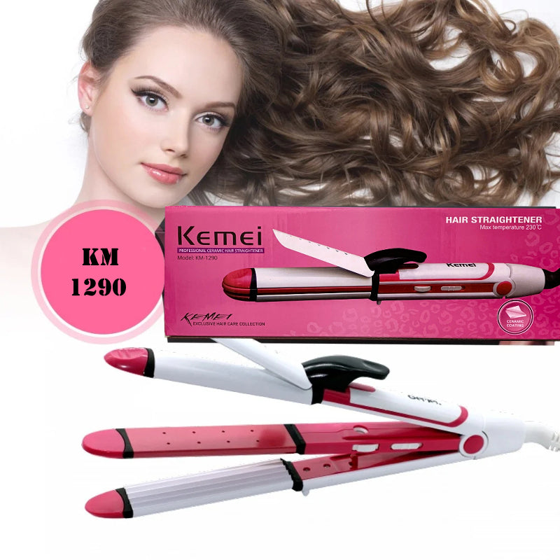 Kemei KM-1290 Professional Ceramic Hair Straightener – Multi-Functional Styling Tool with 360° Swivel Cord